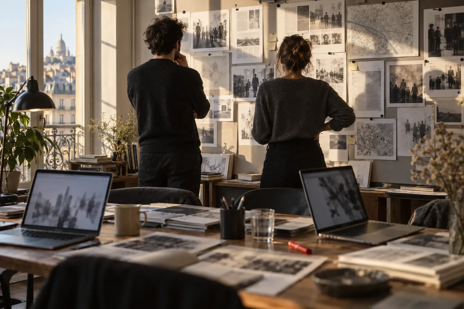 Deux personnes de dos relisent des pages imprimées épinglées sur un tableau, dans une petite salle de rédaction