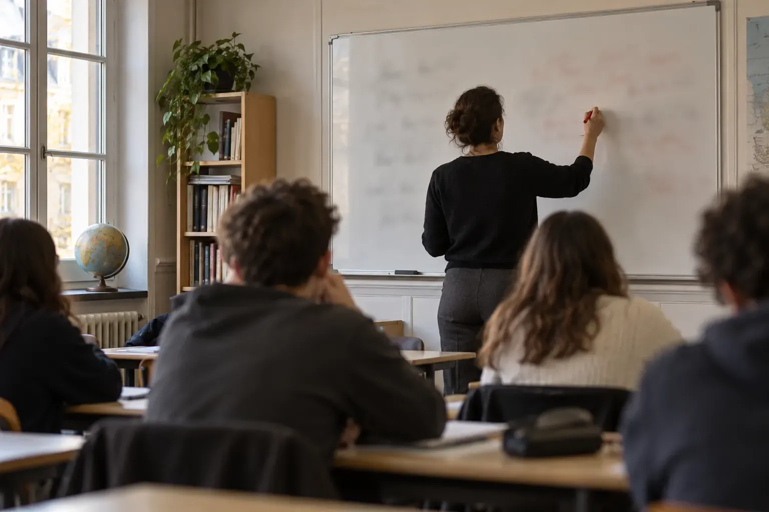 Cours au tableau blanc dans une classe de collège, vu du fond de la salle
