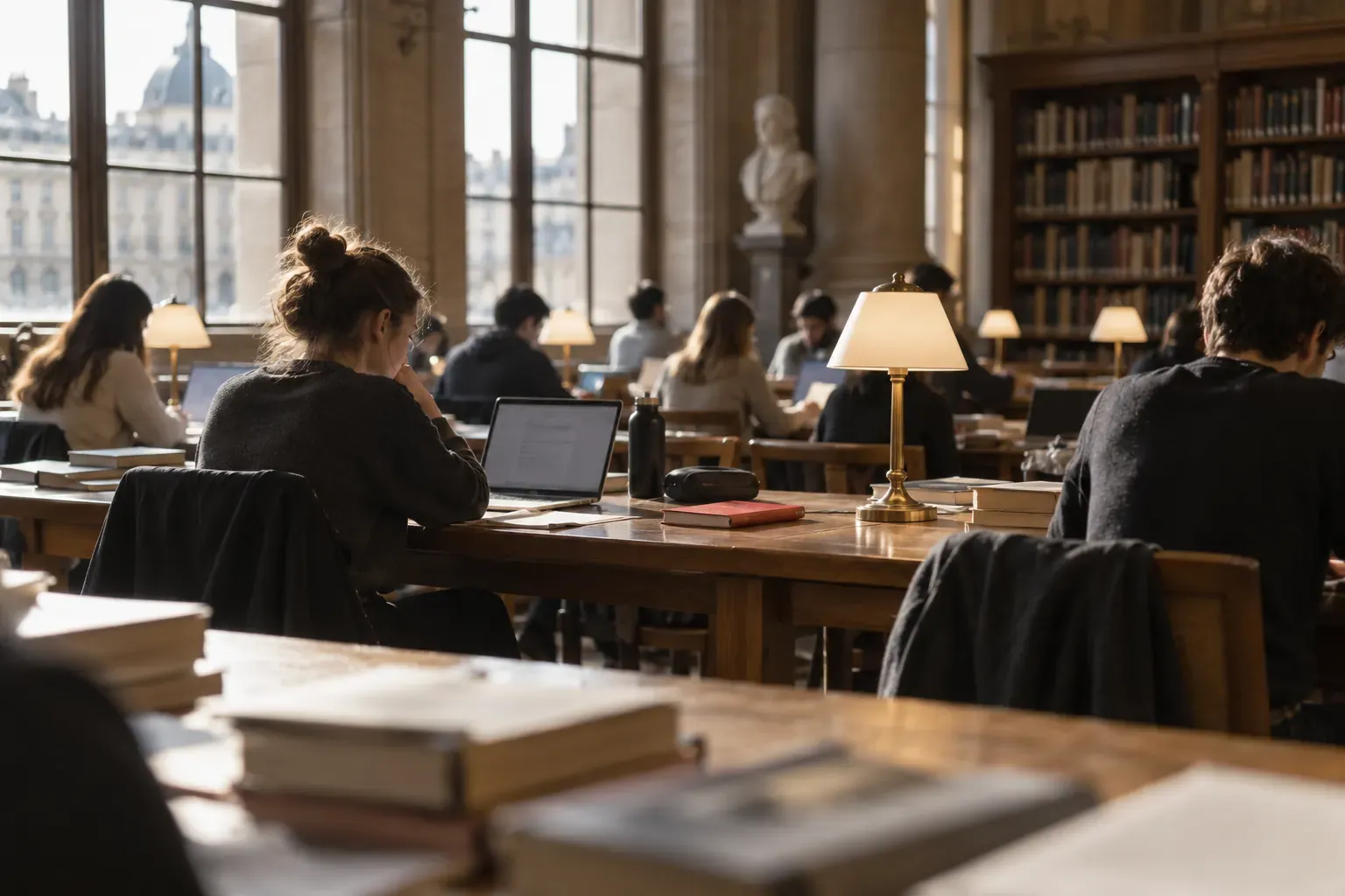 Étudiants au travail dans la grande salle de lecture d’une bibliothèque universitaire