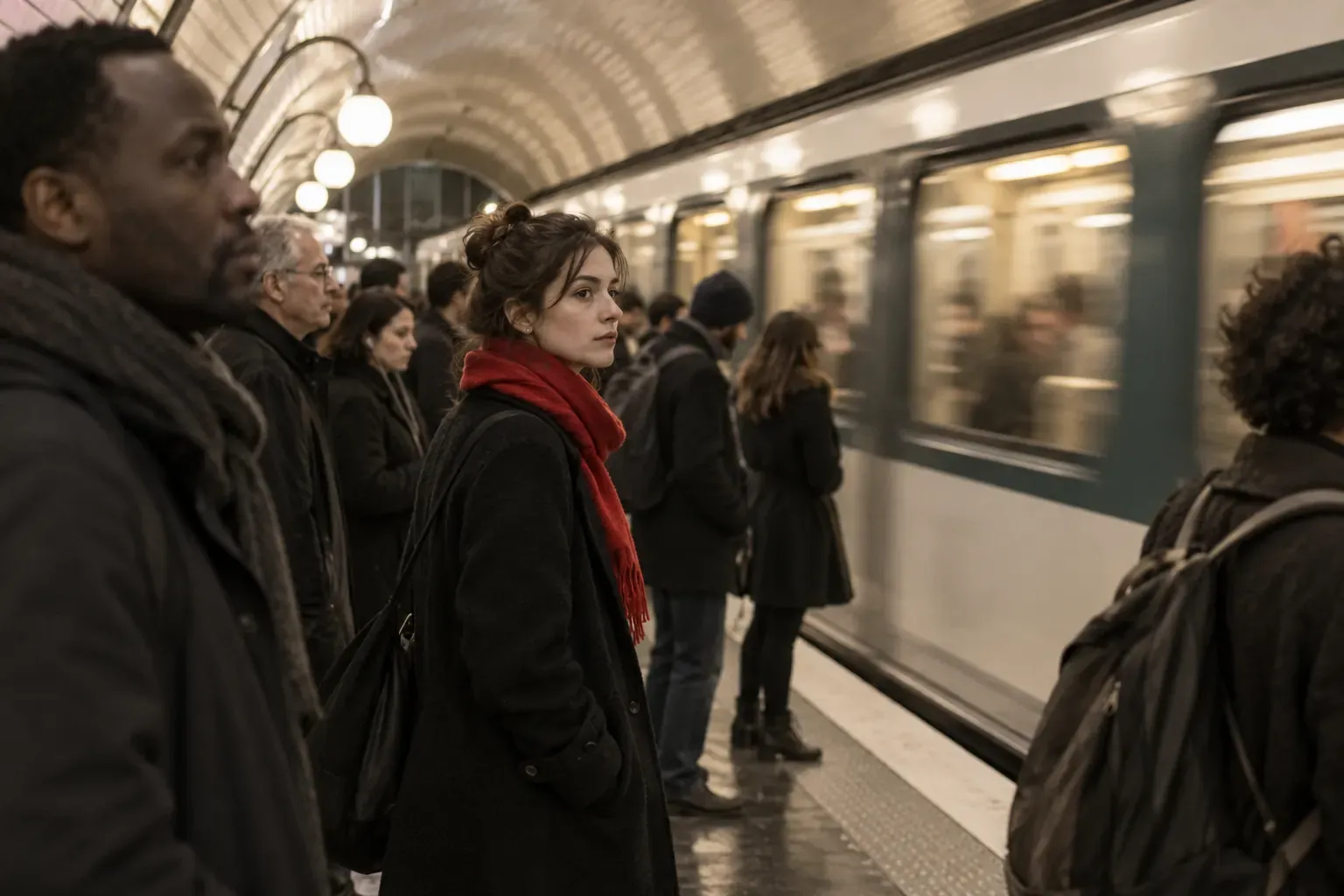 Voyageurs sur un quai de métro parisien à l’arrivée d’une rame