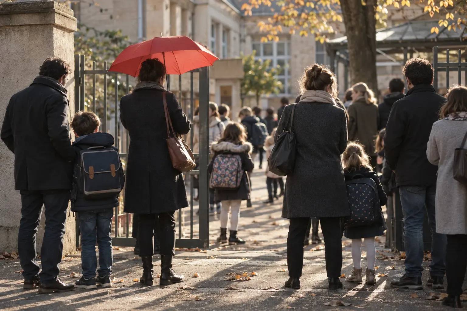 Parents attendant à la grille d’une école primaire à l’heure de la sortie