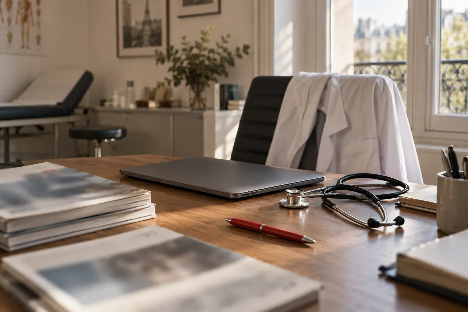 Bureau de consultation médicale : stéthoscope, ordinateur fermé, revues médicales et blouse sur une chaise