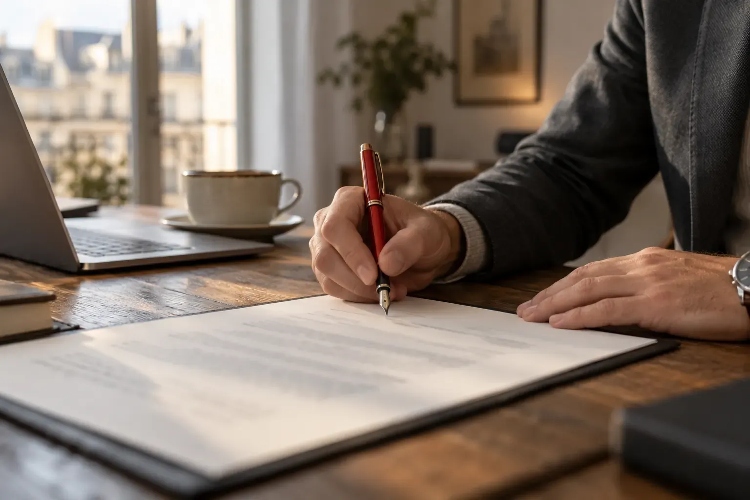 Signature d’un contrat imprimé au stylo plume rouge, ordinateur et café sur le bureau