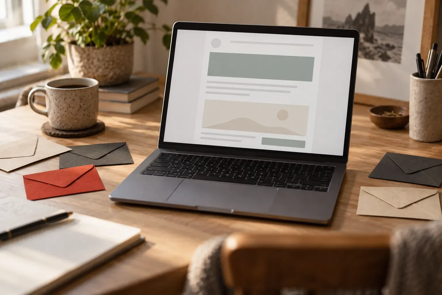 Modèle d’e-mail à bandeau coloré sur un ordinateur portable, enveloppes en papier découpé
