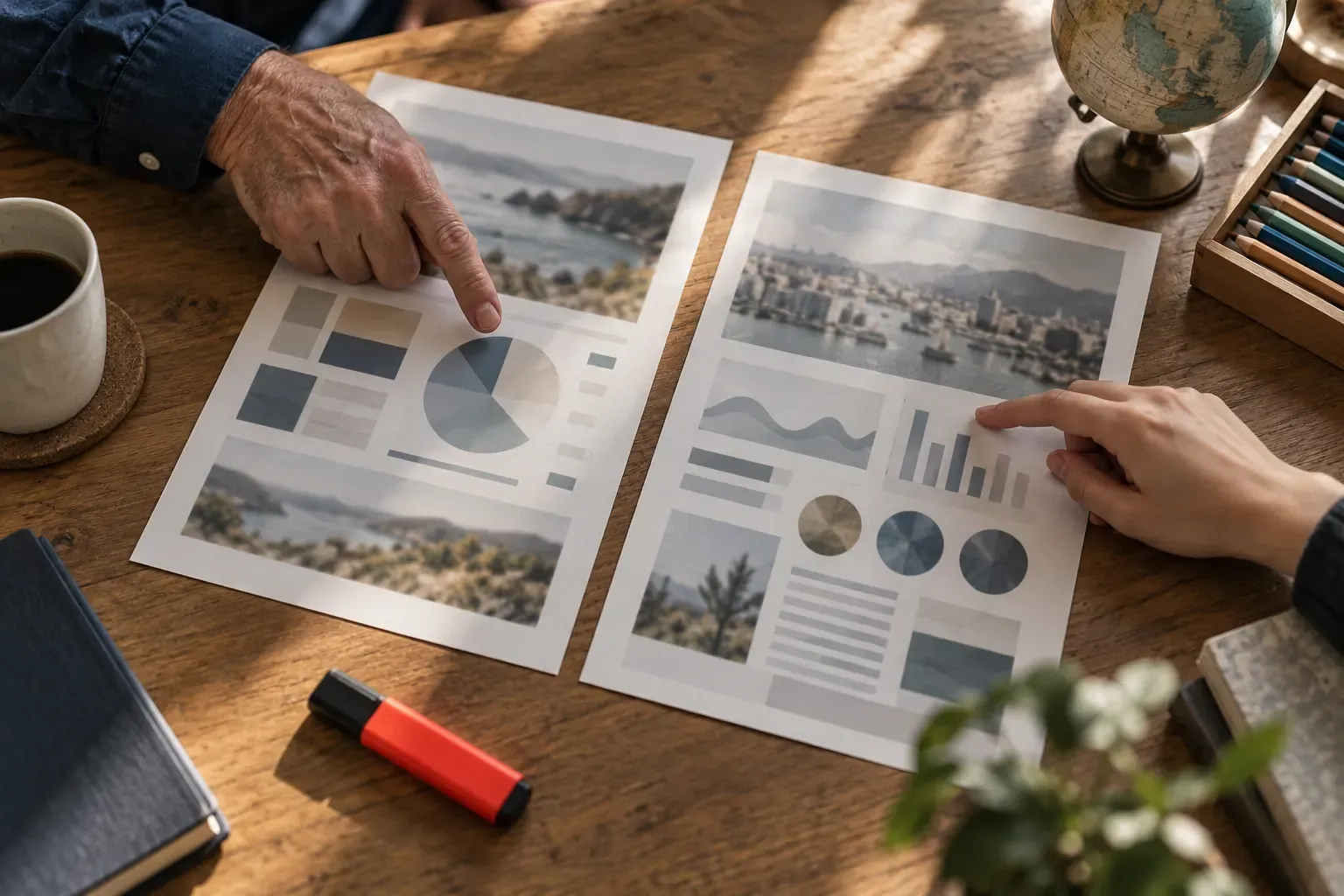 Deux propositions commerciales imprimées comparées côte à côte sur une table de réunion, surligneur rouge, globe et crayons de couleur