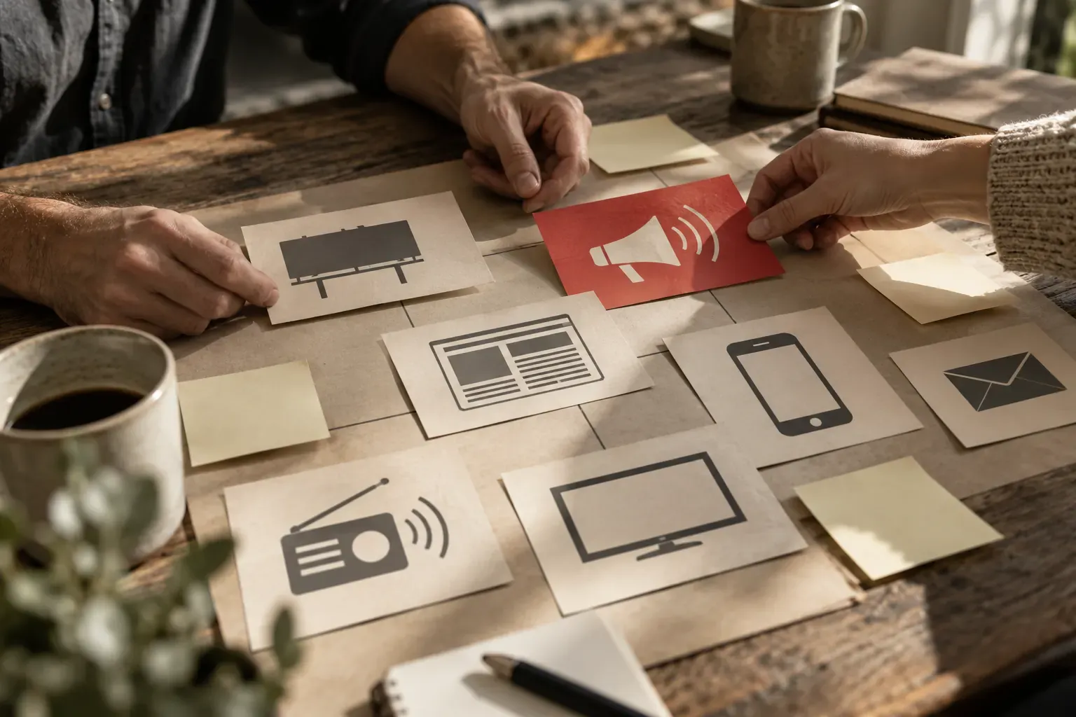 Cartes de différents médias disposées sur une table comme un tableau de planification