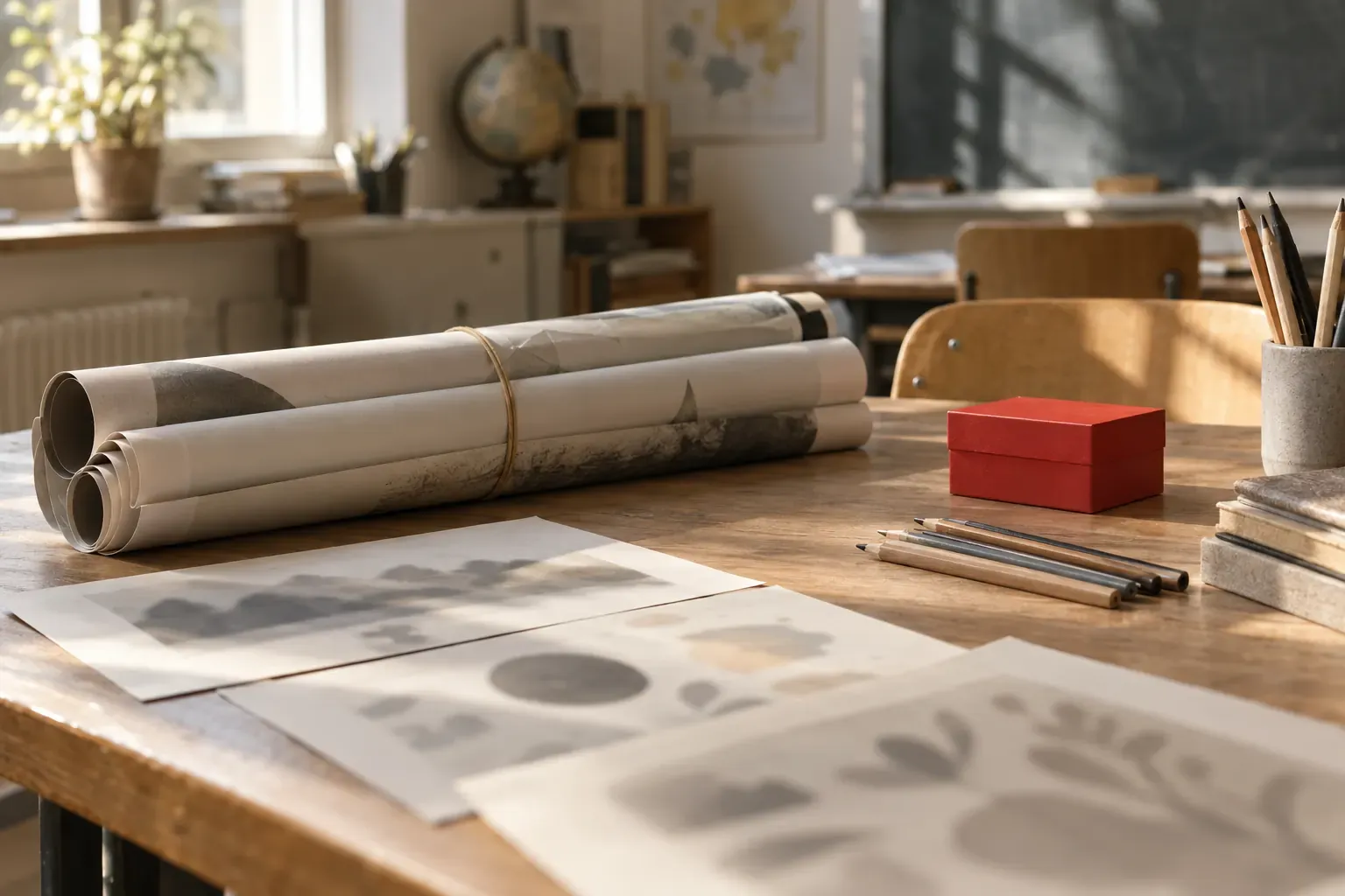 Kit pédagogique imprimé sur une table de classe : affiches roulées, fiches d’exercices et crayons de couleur