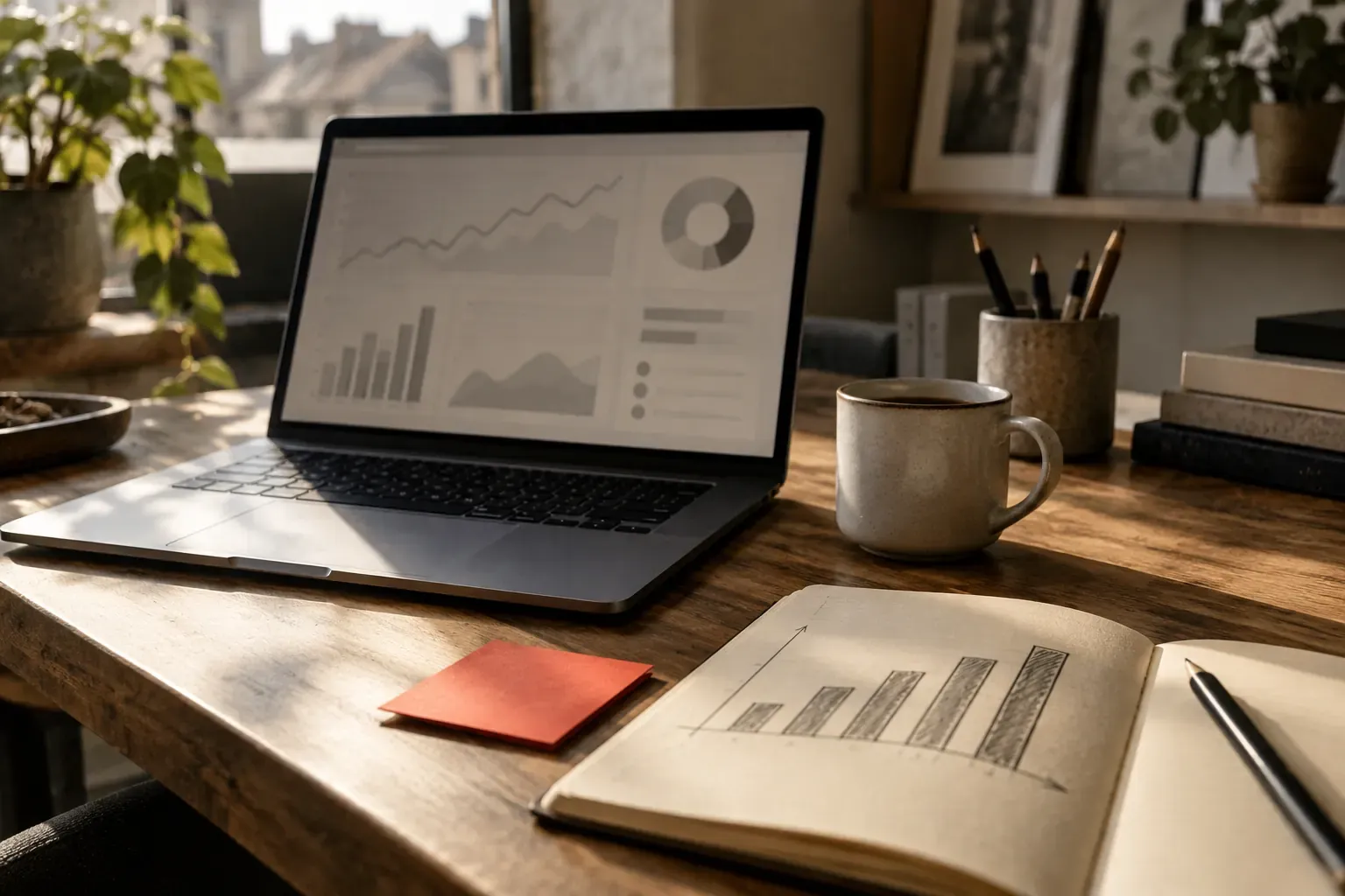 Tableau de bord d’audience sur un ordinateur portable, carnet avec un graphique dessiné à la main