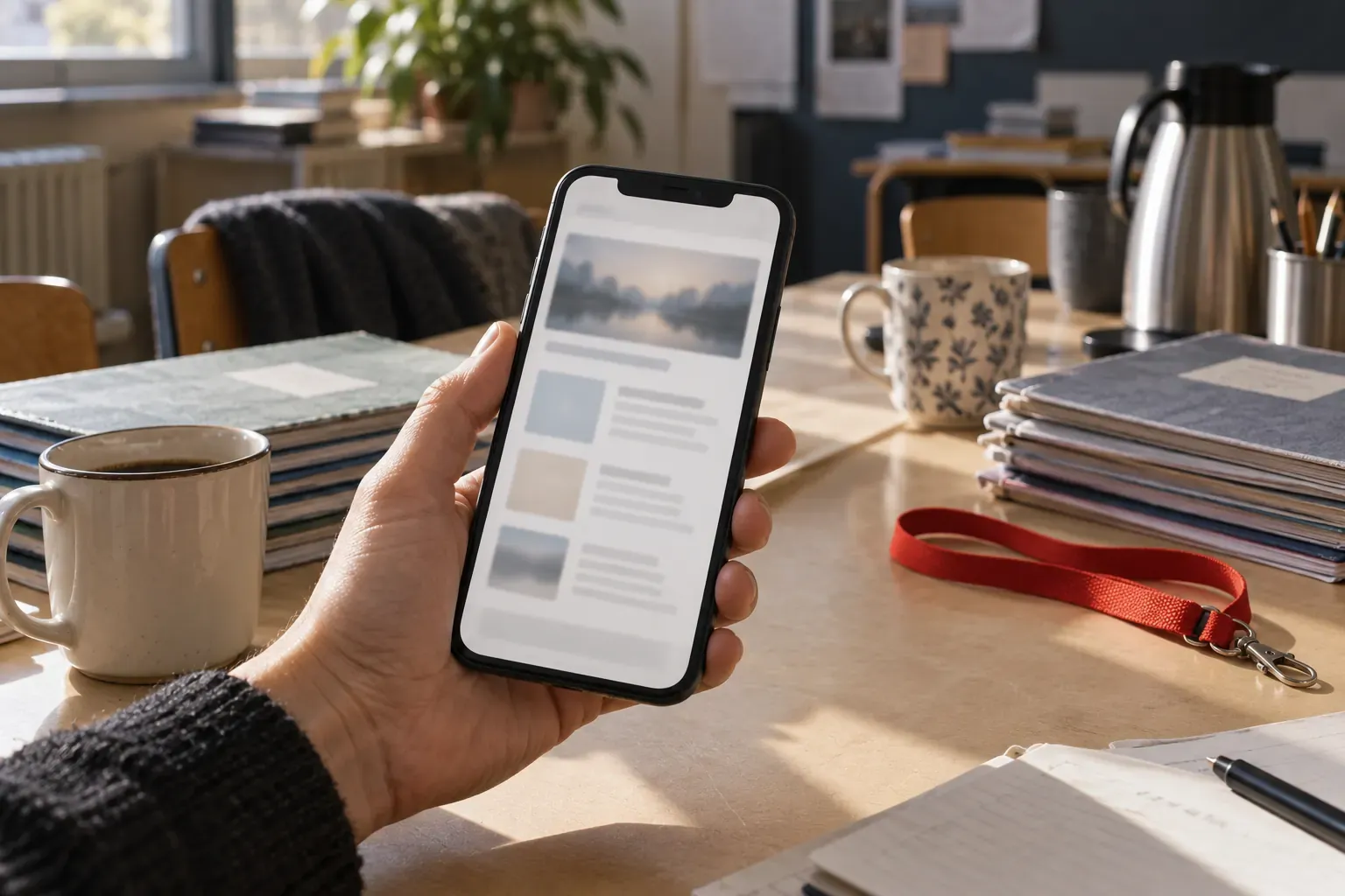 Lettre d’information lue sur un smartphone au-dessus d’une table de salle des professeurs, cahiers empilés et tasses