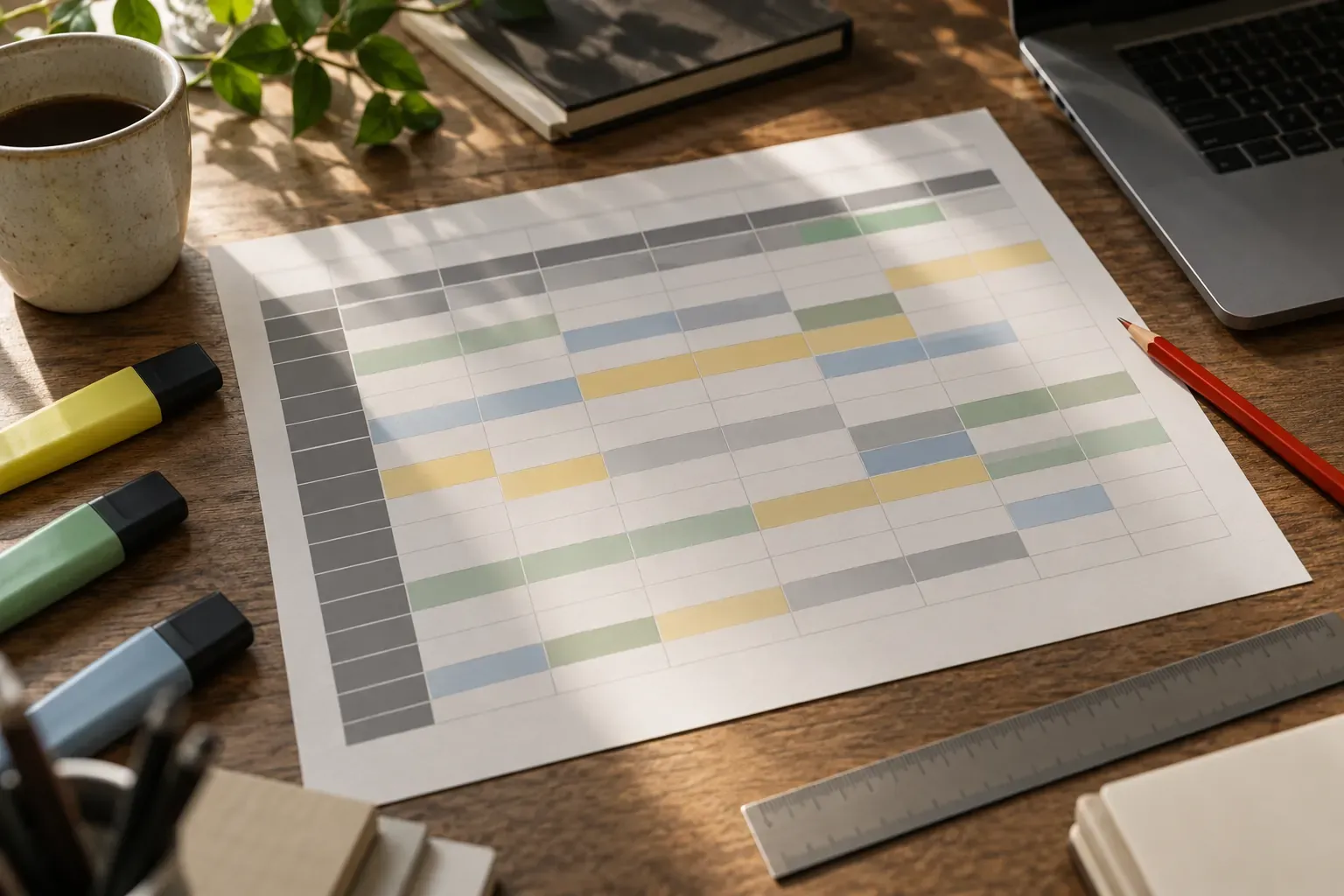 Plan média imprimé en grille de cases colorées, surligneurs, règle et crayon rouge