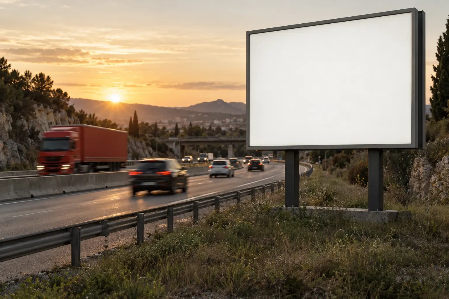 Panneau d’affichage 4 × 3 vierge en bord de rocade au coucher du soleil