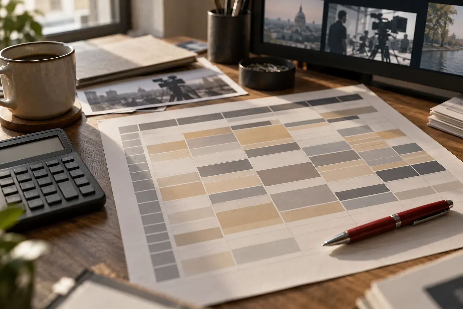 Planning de diffusion télévisée en cases colorées, calculatrice et stylo rouge