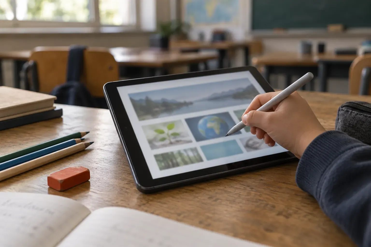 Tablette posée sur une table d’école affichant un site éducatif avec une bannière, stylet en main, crayons de couleur et gomme rouge