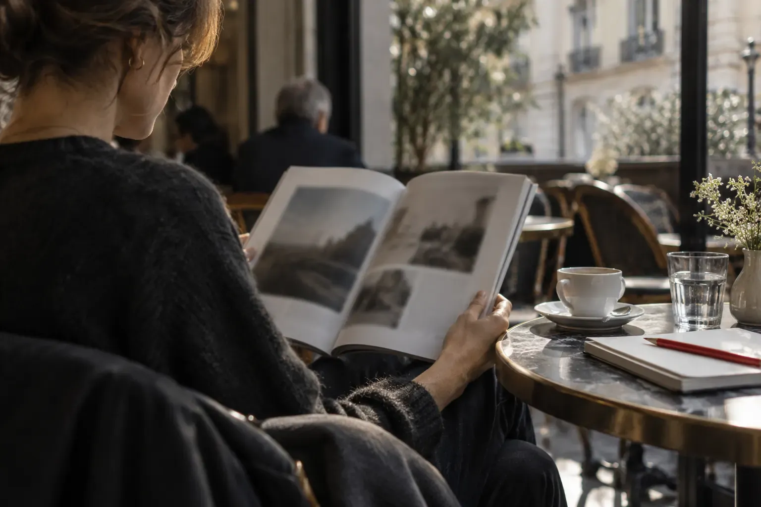 Lectrice feuilletant un magazine à la table d’un café