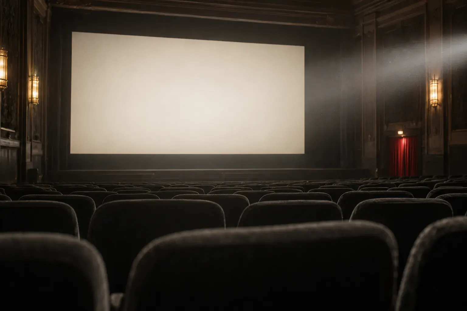 Salle de cinéma vide aux fauteuils rouges, face à l’écran éclairé