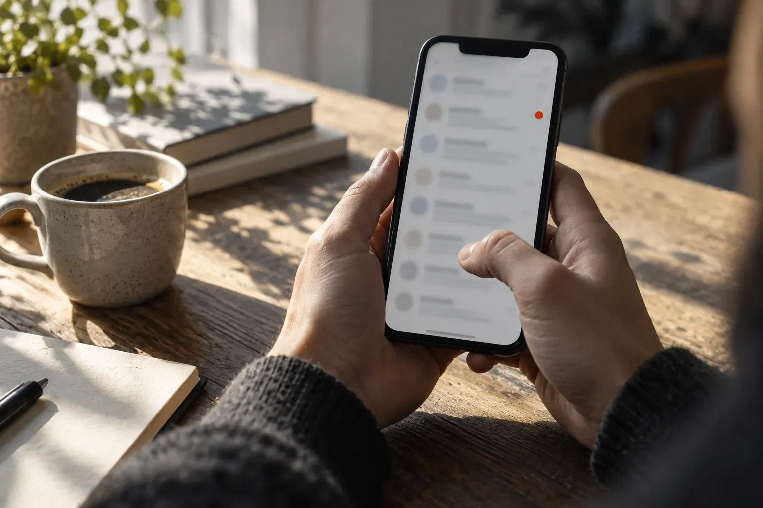 Mains tenant un smartphone ouvert sur une boîte de réception, café du matin sur la table