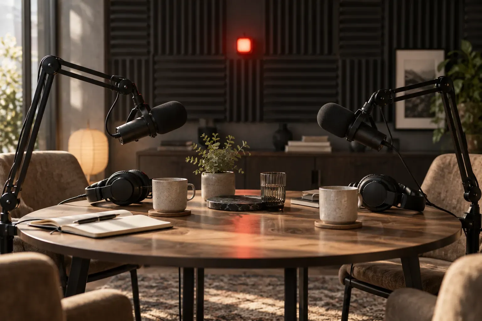 Studio de podcast : deux micros face à face au-dessus d’une petite table ronde, casques et mousse acoustique