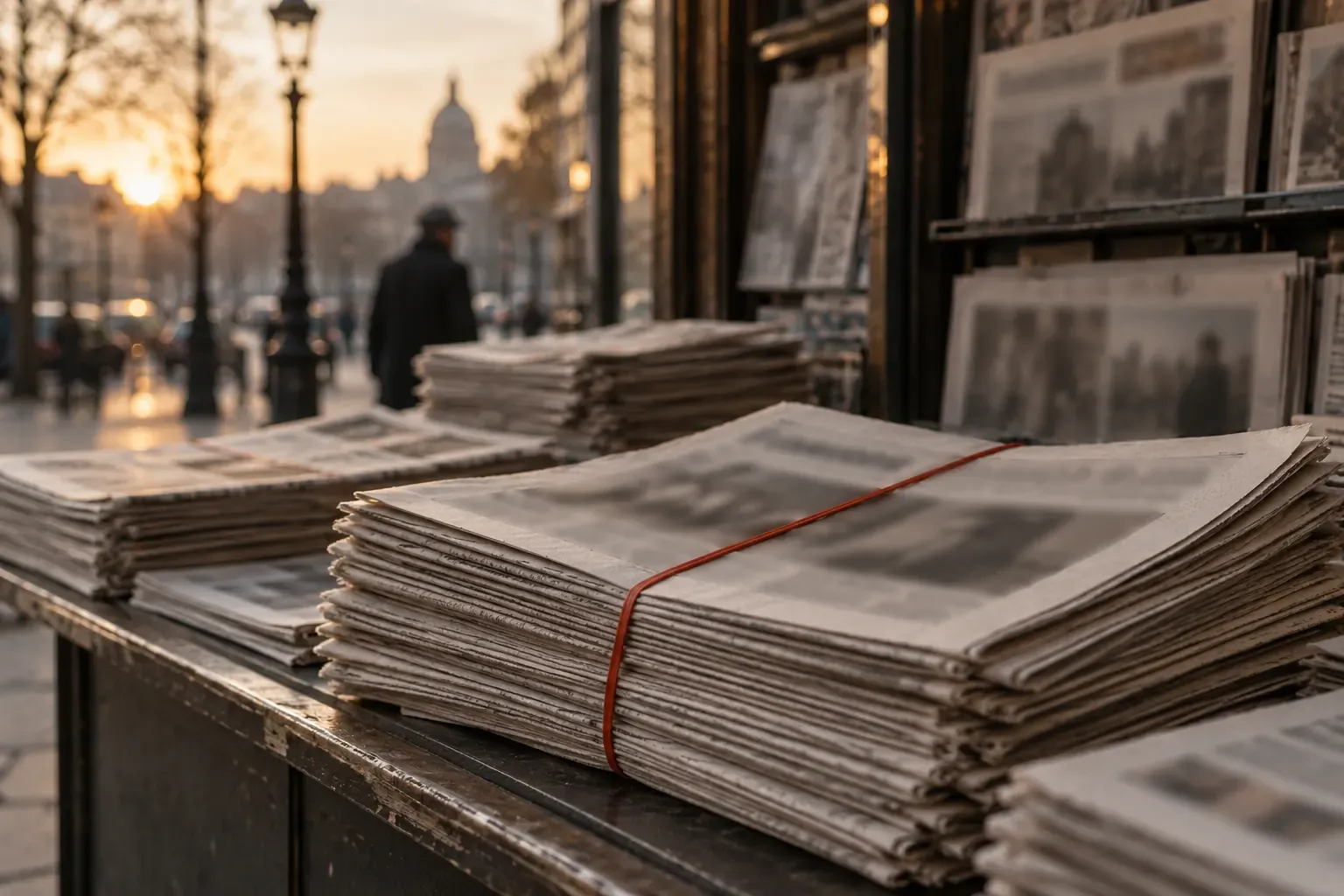 Piles de journaux fraîchement imprimés sur le comptoir d’un kiosque, à l’aube