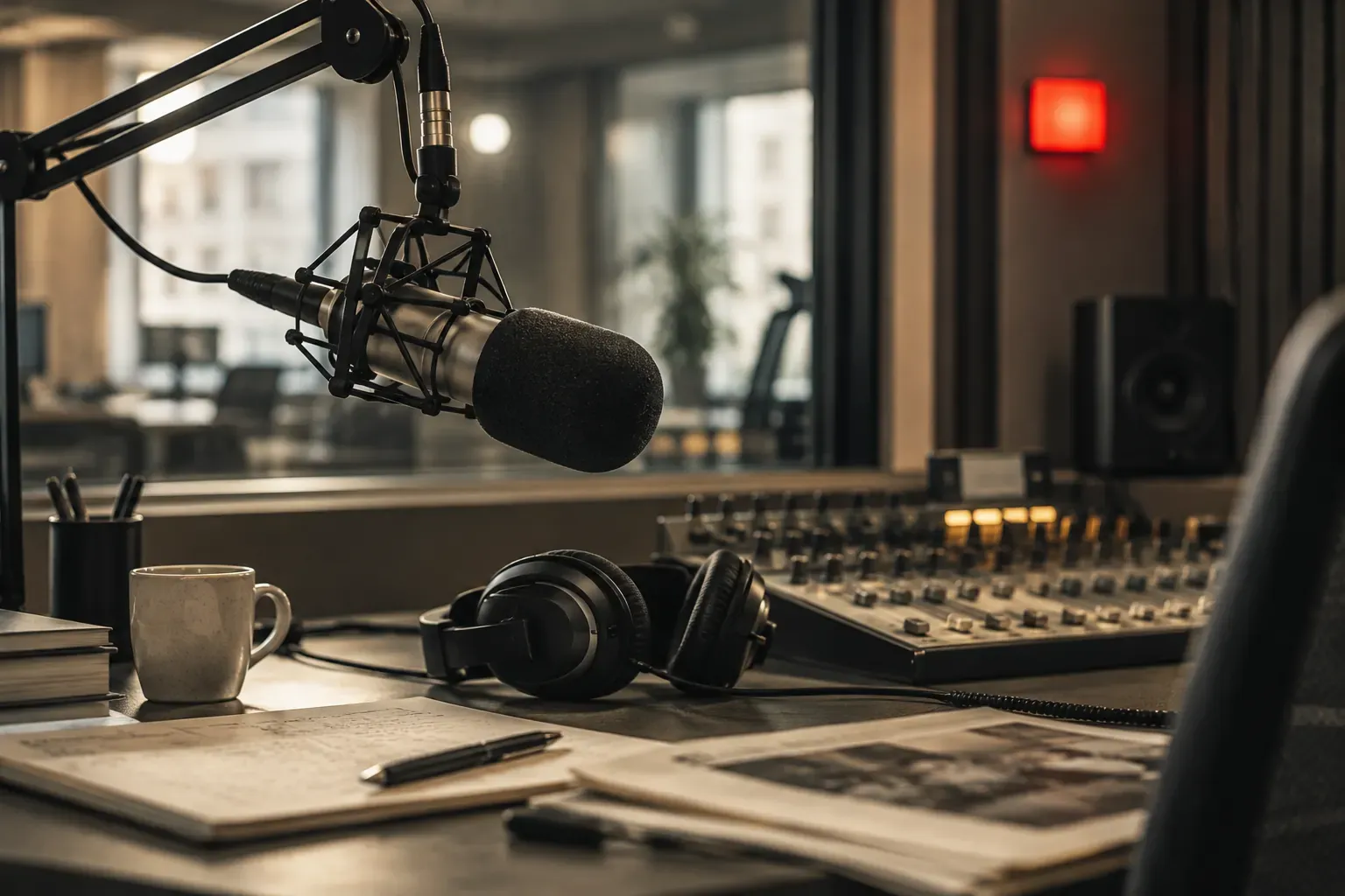 Micro de studio radio sur bras articulé devant une console, casque posé et voyant d’antenne allumé