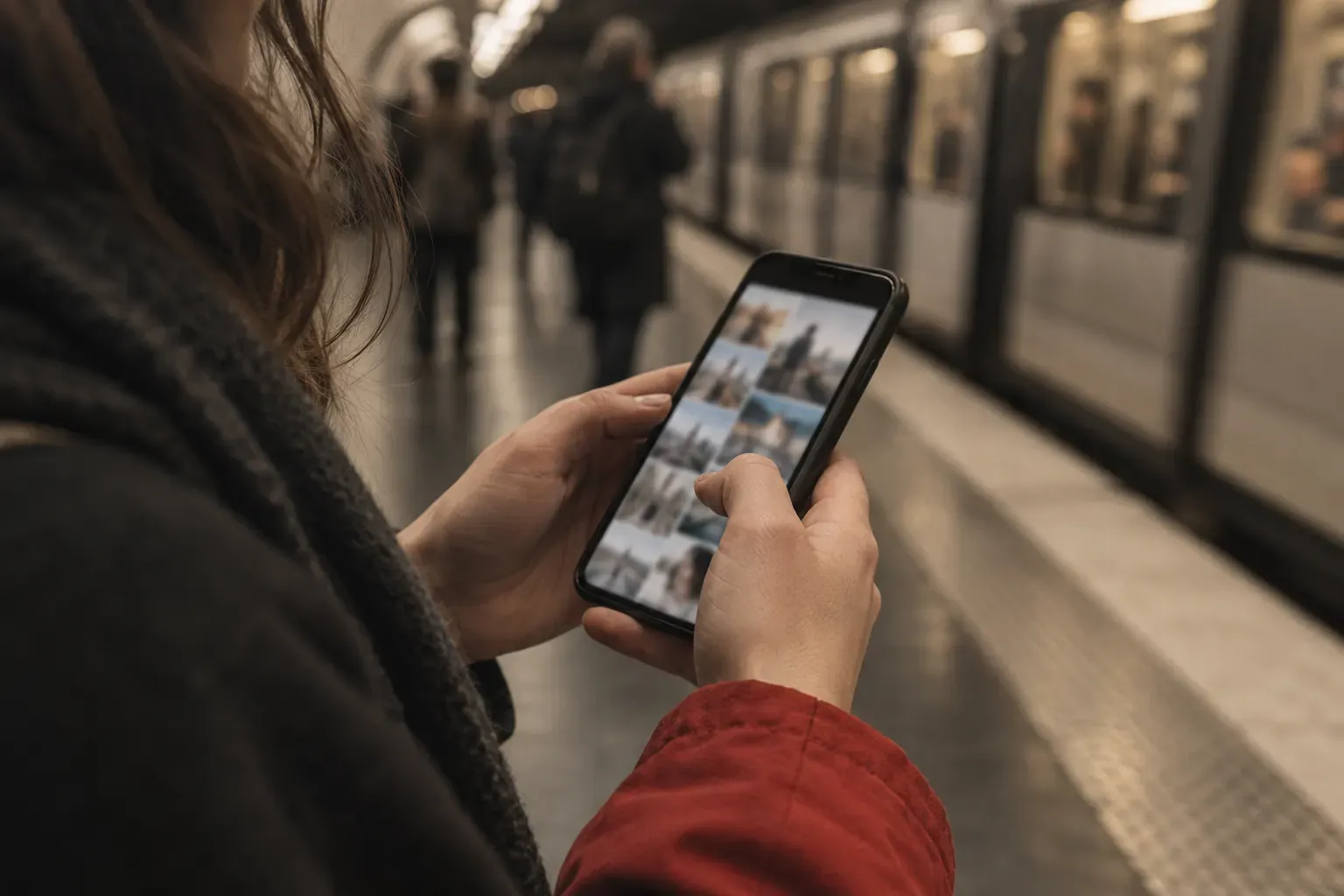 Mains faisant défiler un fil de photos sur un smartphone, sur un quai de métro