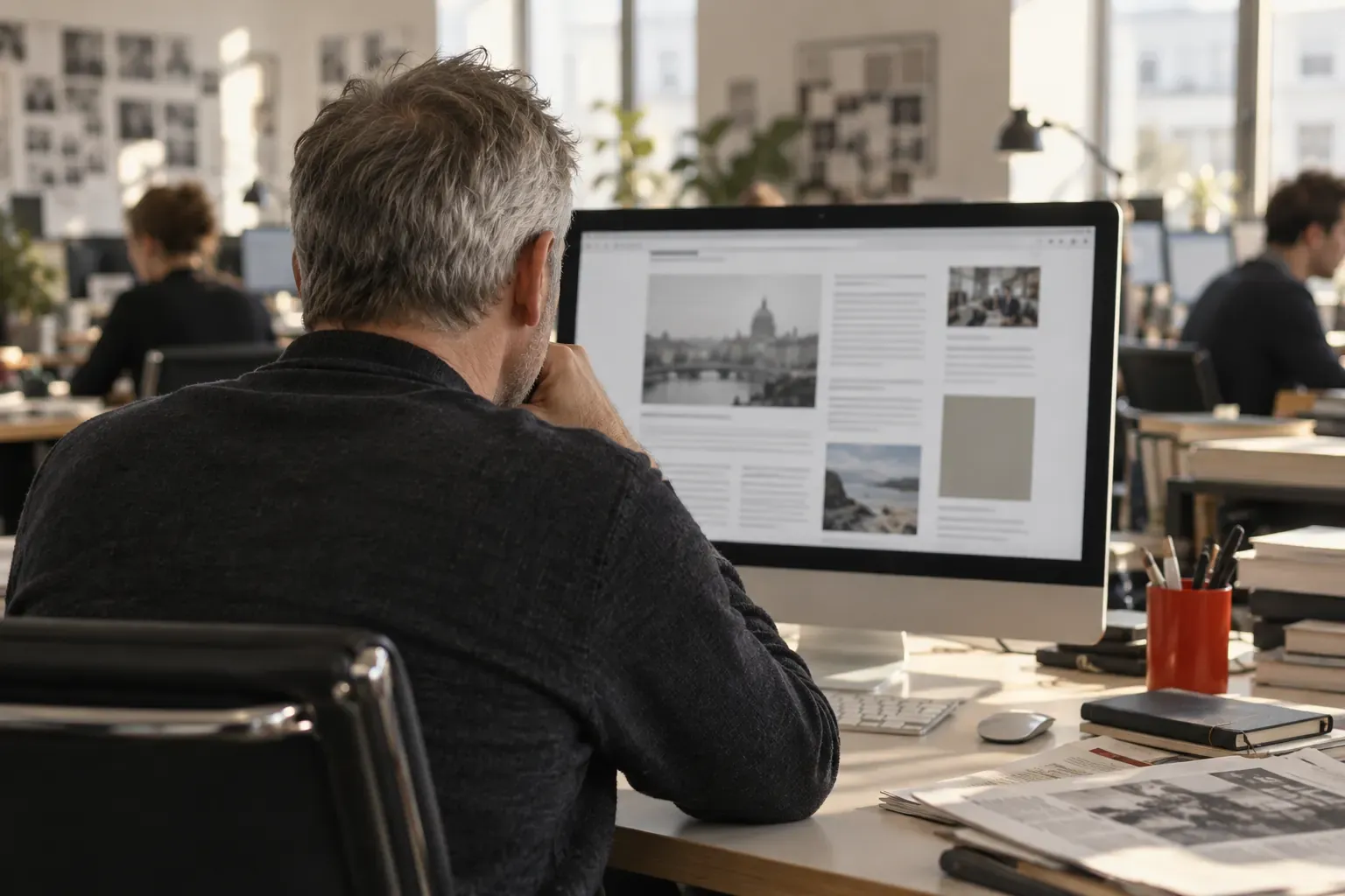 Lecture d’un site d’information sur un grand écran dans un bureau ouvert, emplacement publicitaire à droite des articles