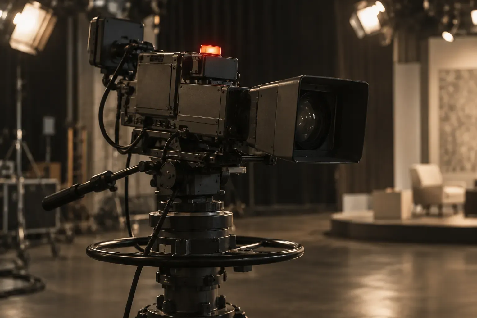 Caméra de studio de télévision sur son pied, voyant rouge allumé