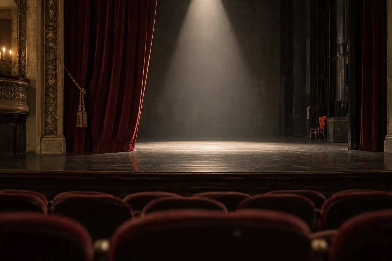 Scène de théâtre vue de la salle, rideau de velours rouge entrouvert et projecteur unique