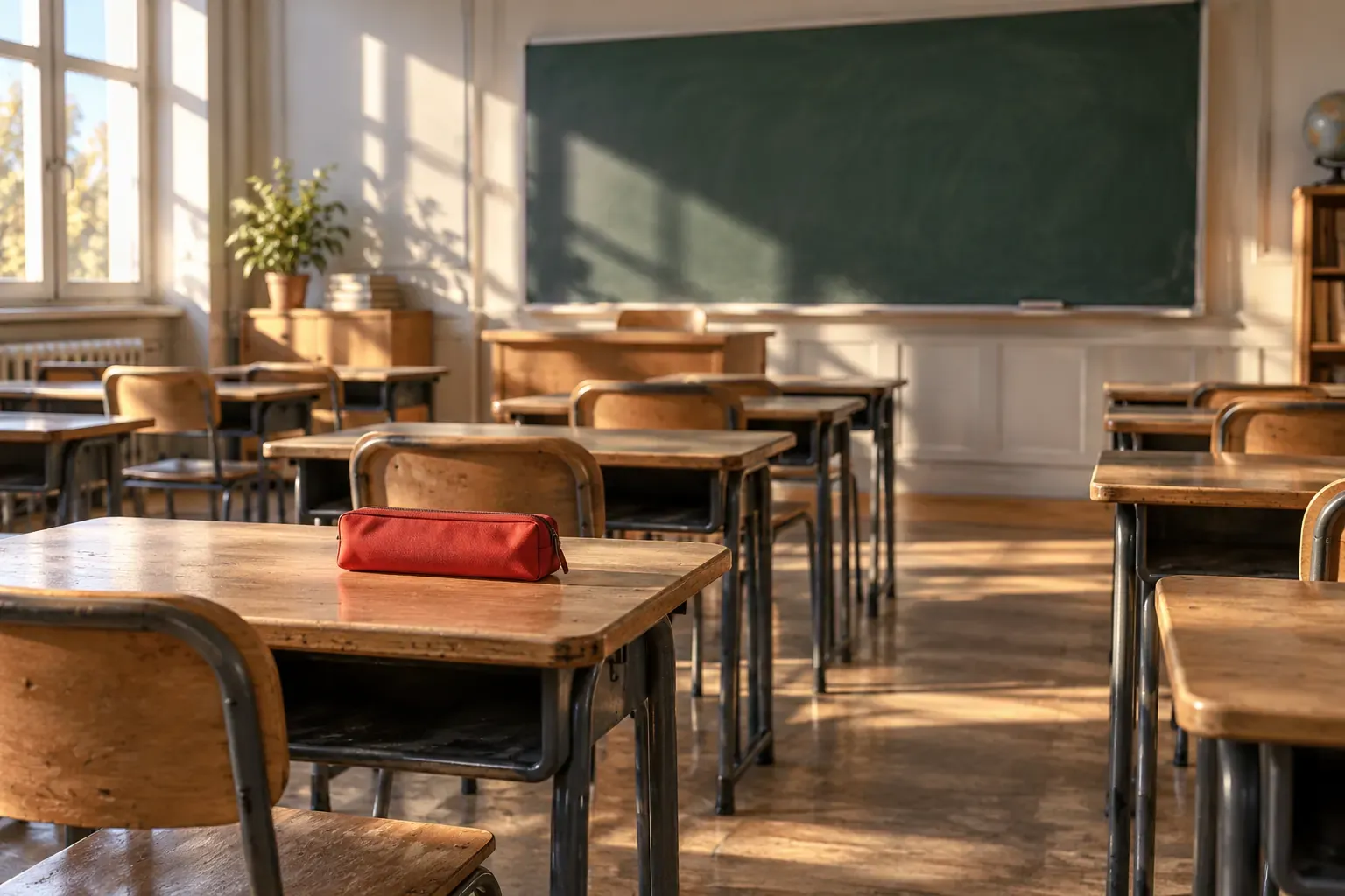 Salle de classe vide en fin de journée : pupitres en bois et tableau vert effacé