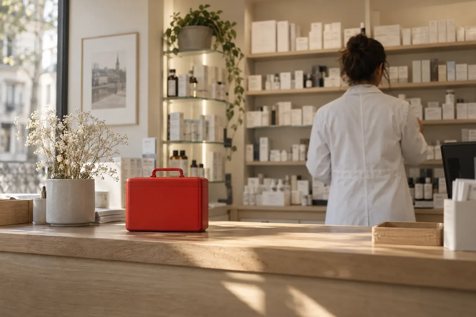 Comptoir de pharmacie vu côté client, pharmacien de dos en blouse blanche