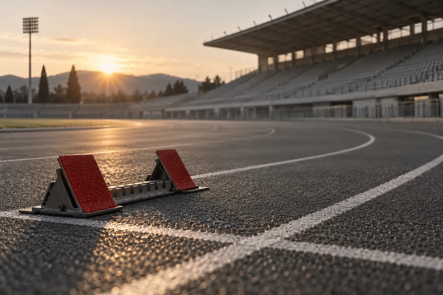 Piste d’athlétisme vide au lever du soleil, bloc de départ rouge au premier plan